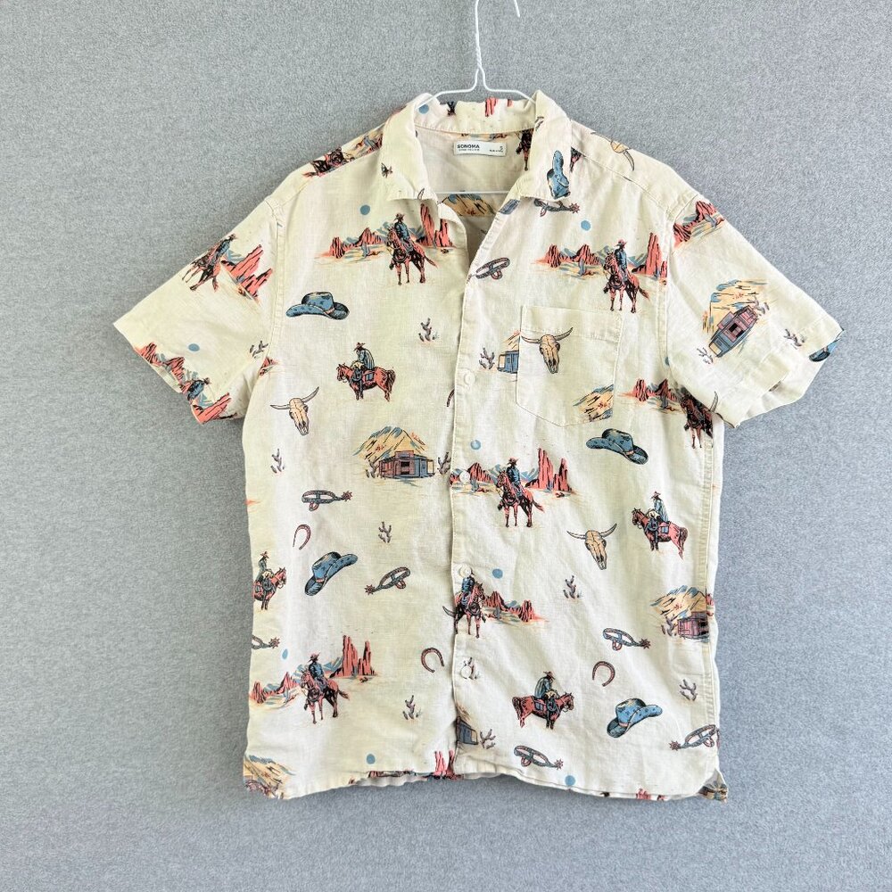 Sonoma Cowboy Print Camp Shirt Cream Linen Cotton Blend Short Sleeve Sz S - Picture 1 of 9